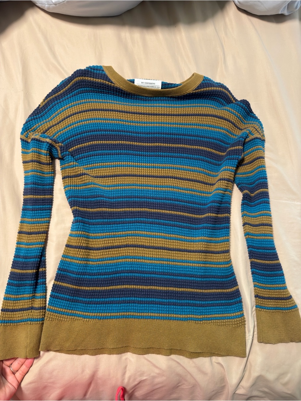REI Striped Crewneck Sweater in Teal, Olive & Navy